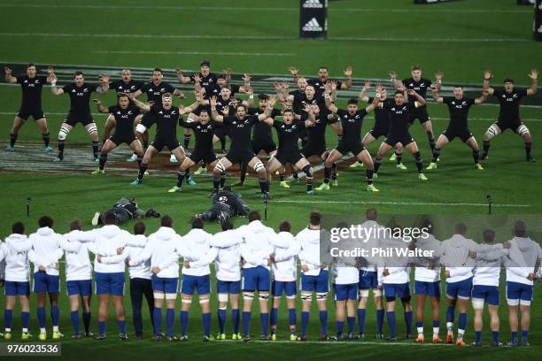 The All Blacks perform the haka during the International Test match between the New Zealand All Blacks and France at Westpac Stadium on June 16, 2018...