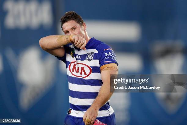 Josh Jackson of the Bulldogs looks dejected during the round 15 NRL match between the Canterbury Bulldogs and the Gold Coast Titans at Belmore Sports...