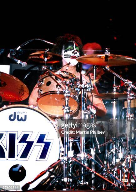 Peter Criss of Kiss performs on stage at the Telstra Dome on 28th February 2003 in Melbourne, Australia.