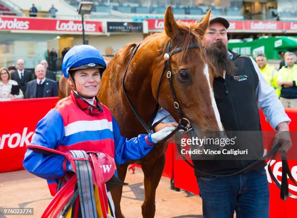 Craig Williams after riding Magic Consol to win Race 9 , Travis Harrison Cup during Melbourne racing at Moonee Valley Racecourse on June 16, 2018 in...