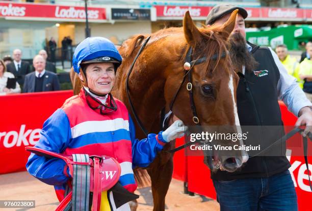 Craig Williams after riding Magic Consol to win Race 9 , Travis Harrison Cup during Melbourne racing at Moonee Valley Racecourse on June 16, 2018 in...