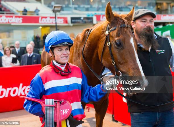 Craig Williams after riding Magic Consol to win Race 9 , Travis Harrison Cup during Melbourne racing at Moonee Valley Racecourse on June 16, 2018 in...