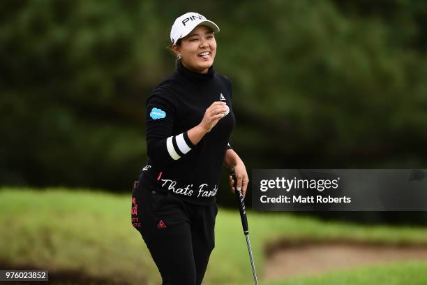 Ai Suzuki of Japan reacts after her putt on the 13th green during the second round of the Nichirei Ladies at the Sodegaura Country Club Shinsode...