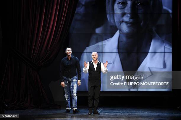 Fashion designers Domenico Dolce and Stefano Gabbana acknowledge the audience at the end of Dolce & Gabbana Fall-Winter 2010-2011 ready-to-wear...