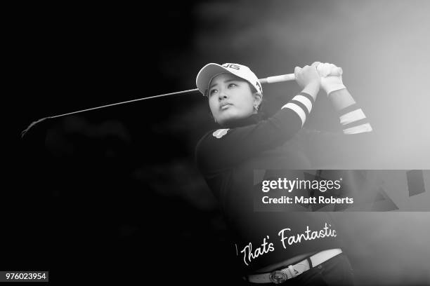 Ai Suzuki of Japan hits her tee shot on the 14th hole during the second round of the Nichirei Ladies at the Sodegaura Country Club Shinsode Course on...