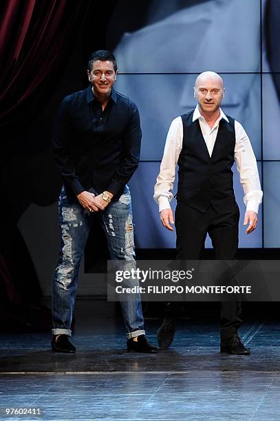 Fashion designers Domenico Dolce and Stefano Gabbana acknowledge the audience at the end of Dolce & Gabbana Fall-Winter 2010-2011 ready-to-wear...