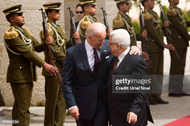 Vice President Joe Biden reviews a guard of honour alongside Palestinian President Mahmoud Abbas prior to their meeting on March 10, 2010 in...