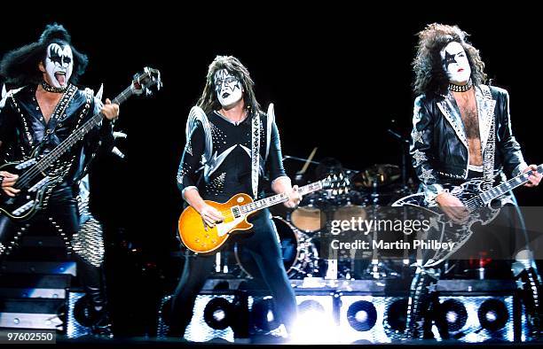 Gene Simmons, Tommy Thayer and Paul Stanley of Kiss perform on stage at the Telstra Dome on 28th February 2003 in Melbourne, Australia.