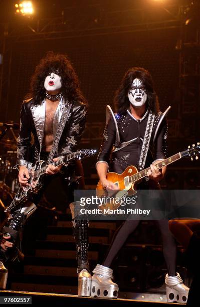 Paul Stanley and Tommy Thayer of Kiss perform on stage at the Rod Laver Arena on 13th May 2004 in Melbourne, Australia.