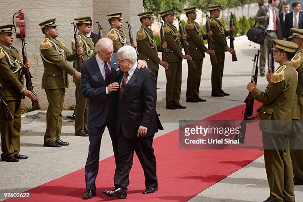 Vice President Joe Biden reveiws a guard of honour alongside Palestinian President Mahmoud Abbas prior to their meeting on March 10, 2010 in...