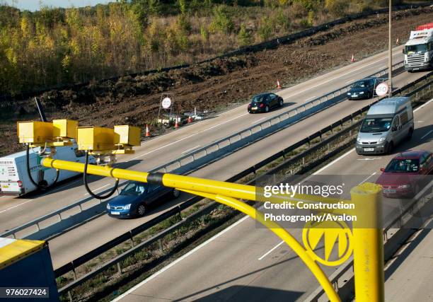 Average speed cameras used on roadworks during the M25 widening scheme near junction 28 of the motorway, Essex, UK.