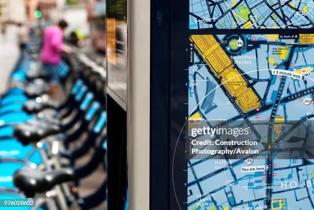 Map at a bicycle docking station, part of the Barclays sponsored cycle hire scheme, set up to promote cycling in London, UK.