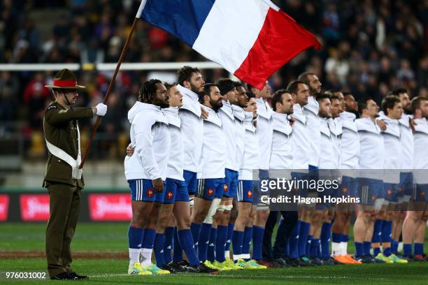French players sing the national anthem during the International Test match between the New Zealand All Blacks and France at Westpac Stadium on June...