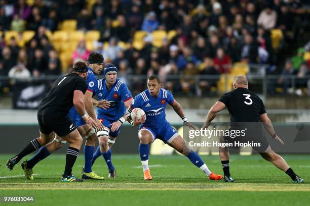 Gael Fickou of France looks for a gap in the defence during the International Test match between the New Zealand All Blacks and France at Westpac...