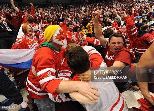 Canadian fans celebrate victory over the US in the men's gold medal Ice Hockey match against the US at Canada Hockey Place during the Vancouver...