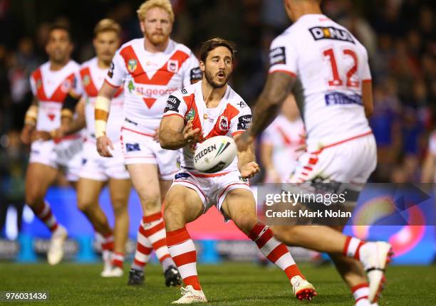 Ben Hunt of the Dragons passes during the round 15 NRL match between the St George Illawarra Dragons and the Manly Sea Eagles at WIN Stadium on June...