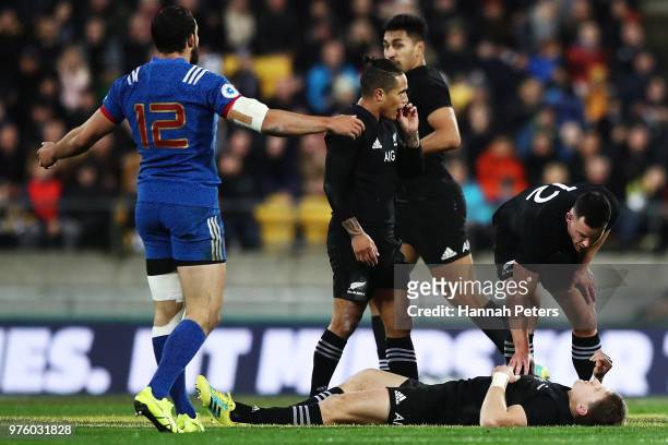 Beauden Barrett of the All Blacks lies injured during the International Test match between the New Zealand All Blacks and France at Westpac Stadium...