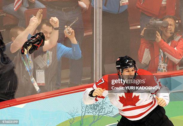 Canadian forward Sidney Crosby jubilates as his team win win gold during the Men's Gold Medal Hockey match between USA and Canada at the Canada...