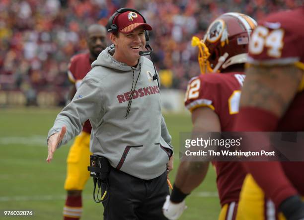 Washington head coach Jay Gruden after a second-quarter touchdown as the Washington Redskins play the Arizona Cardinals in Landover MD on December...