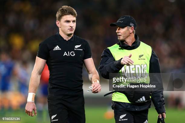 Beauden Barrett of New Zealand leaves the field after attempting to take a high ball during the International Test match between the New Zealand All...