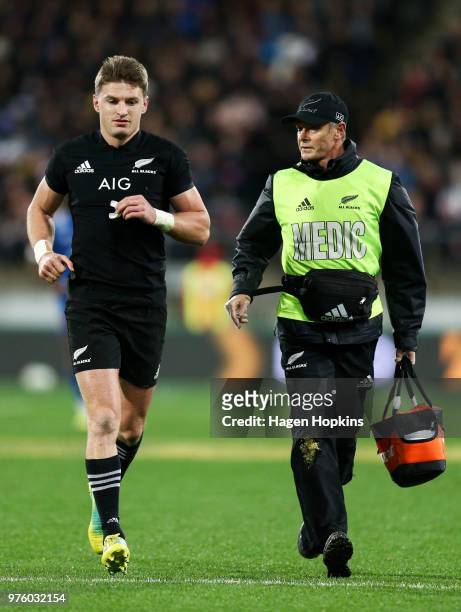 Beauden Barrett of New Zealand leaves the field after attempting to take a high ball during the International Test match between the New Zealand All...