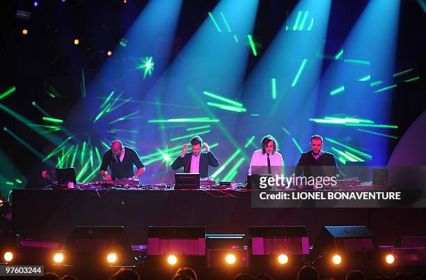 French DJ crew Birdy Nam Nam performs on stage after receiving the award for best electronic or dance music recording of the year for "Manual For A...