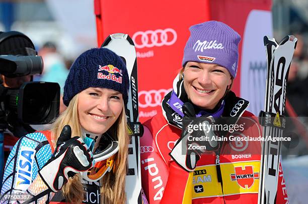 Overall winner Lindsey Vonn of the USA and finals winner Maria Riesch of Germany pose after the World Cup Downhill during the Audi FIS Alpine Ski...