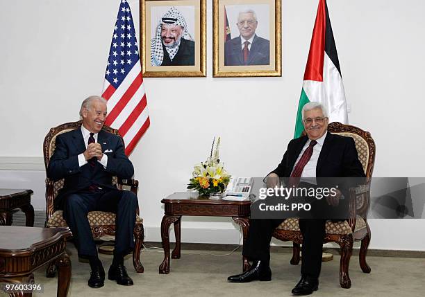 In this handout image provided by the Palestinian Press Office , US Vice President Joe Biden meets with Palestinian President Mahmoud Abbas at the...