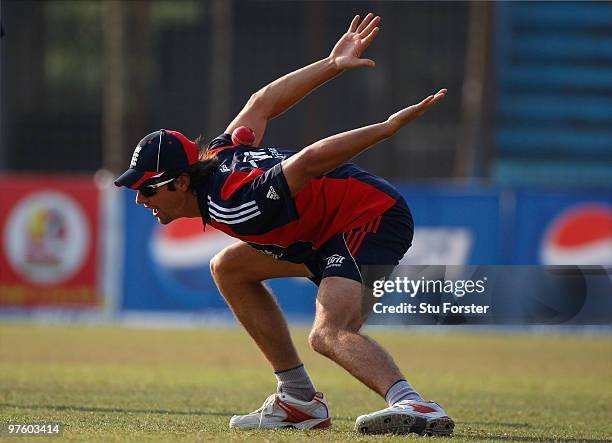 England captain Alastair Cook gets in some fielding practice during England nets at Jahur Ahmed Chowdhury Stadium on March 10, 2010 in Chittagong,...