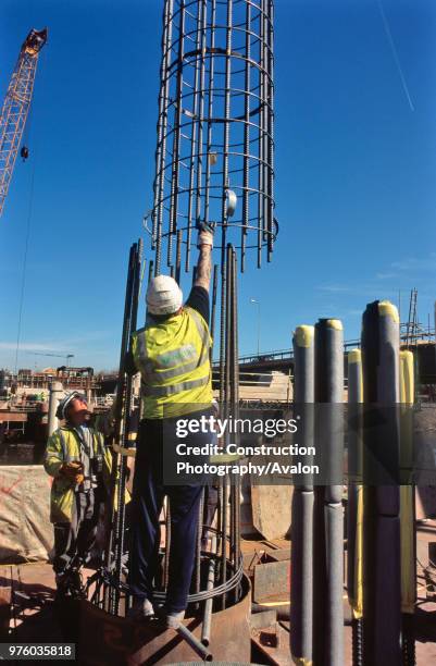 Lowering a reinforcement cage into a bored pile on a bridge foundation for a project in Teeside, UK.