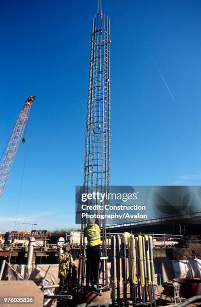 Lowering a reinforcement cage into a bored pile on a bridge foundation for a project in Teeside, UK.