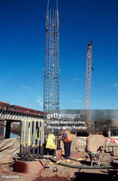 Lowering a reinforcement cage into a bored pile on a bridge foundation for a project in Teeside, UK.
