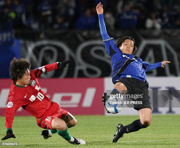 Japan's Gamba Osaka midfielder Yasuhito Endo fights for the ball against China's Henan Jianye midfielder Lu Feng during the Asian Champions League...