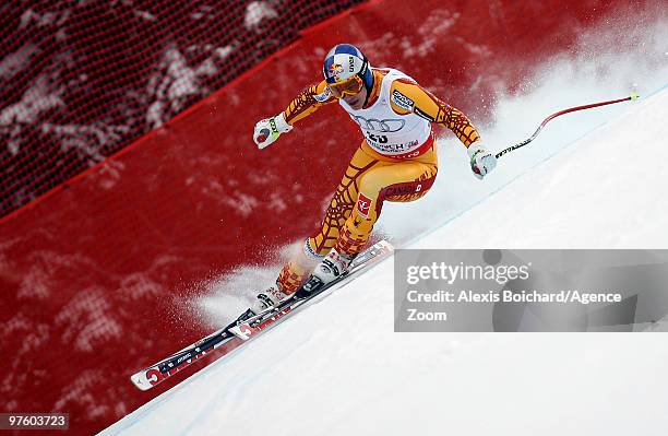 Erik Guay of Canada takes 3rd place in the overall World Cup Downhill during the Audi FIS Alpine Ski World Cup Men's Downhill on March 10, 2010 in...
