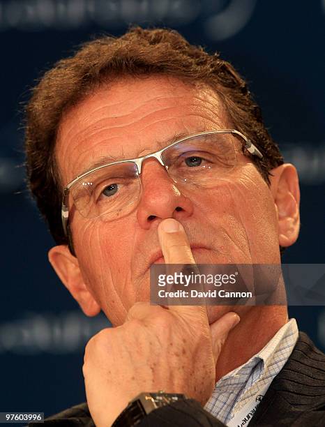 England manager, Fabio Capello speaks to the media prior to the Laureus World Sports Awards 2010 at Emirates Palace Hotel on March 10, 2010 in Abu...