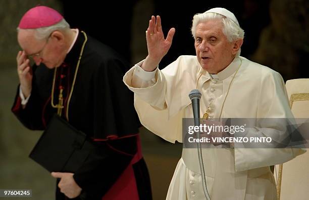 Pope Benedict XVI blesses faithful during his weekly general audience on March 10, 2010 at the Paul VI hall at The Vatican. Pope Benedict XVI...