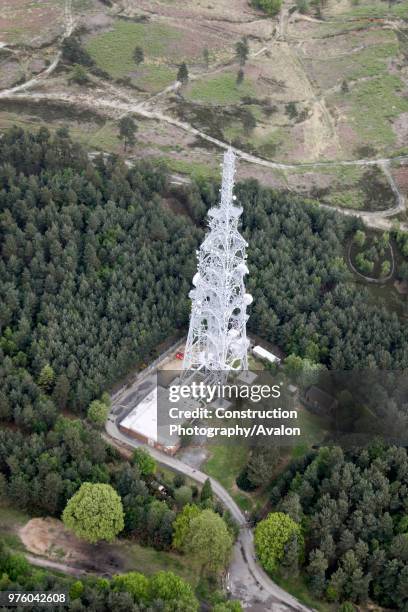 Aerial view north east of microwave tower in Olddean Common north of Camberley, Surrey, UK.