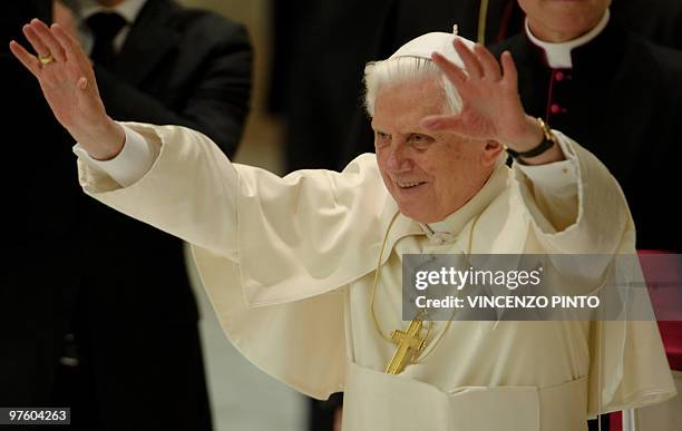 Pope Benedict XVI waves during his weekly general audience on March 10, 2010 at the Paul VI hall at The Vatican. Pope Benedict XVI Wednesday...