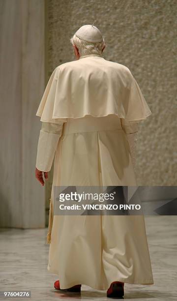 Pope Benedict XVI leaves at the end of his weekly general audience on March 10, 2010 at the Paul VI hall at The Vatican. Pope Benedict XVI Wednesday...