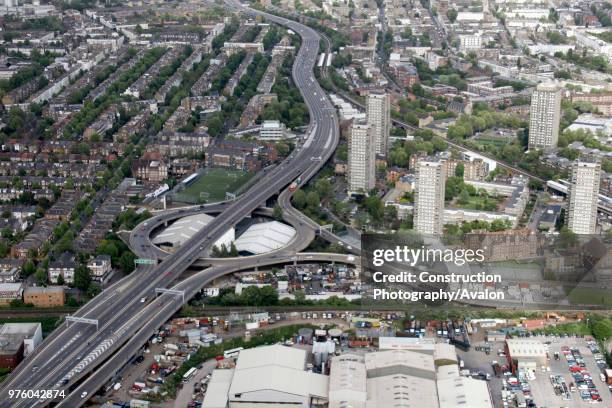 Aerial view north east of Westway Sports Centre, A40, West Cross Route, industrial buildings, residential buildings in London, North Kensington,...