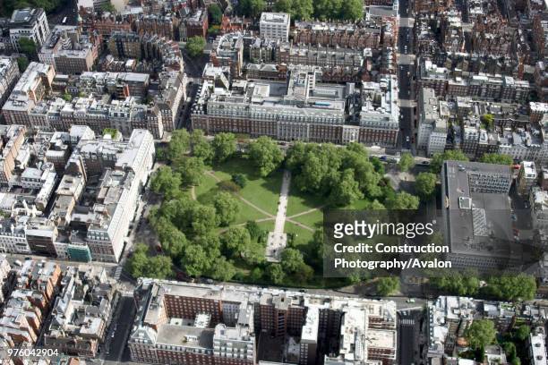 Aerial view south east of Roosevelt Memorial, US Embassy in City of London, City of Westminster, Mayfair, UK.