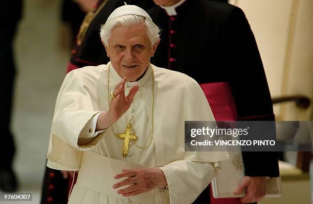 Pope Benedict XVI blesses faithful during his weekly general audience on March 10, 2010 at the Paul VI hall at The Vatican. Pope Benedict XVI...