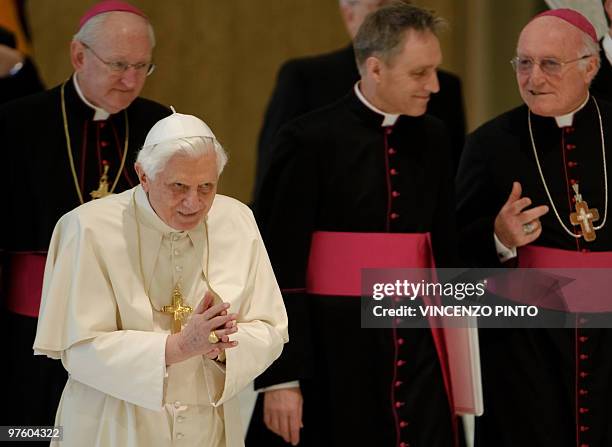 Pope Benedict XVI attends his weekly general audience on March 10, 2010 at the Paul VI hall at The Vatican. Pope Benedict XVI Wednesday denounced the...