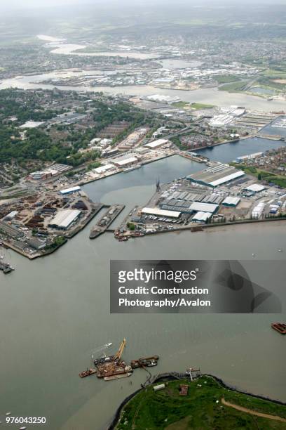 Aerial view south west of St Mary's Island, Upper Upnor, industrial buildings, residential buildings, River Medway Estuary north of Rochester,...