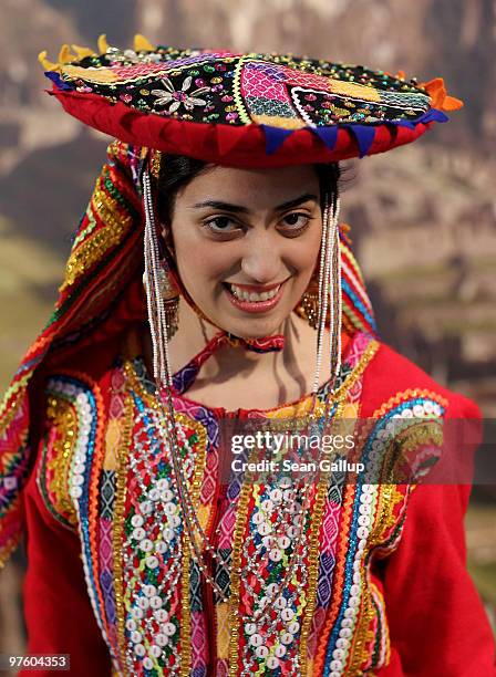 Hostess wearing traditional dress from Peru attends the ITB Berlin travel trade show on March 10, 2010 in Berlin, Germany. The ITB, which is the...