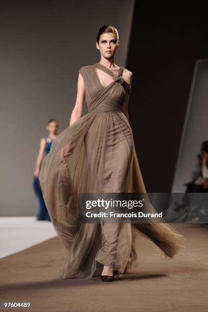 Model walks the runway during the Elie Saab Ready to Wear show as part of the Paris Womenswear Fashion Week Fall/Winter 2011 at Espace Ephemere...