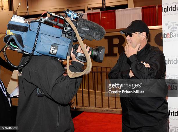 Actor Dan Aykroyd is interviewed at the Nightclub & Bar Convention and Trade Show at the Las Vegas Convention Center March 9, 2010 in Las Vegas,...