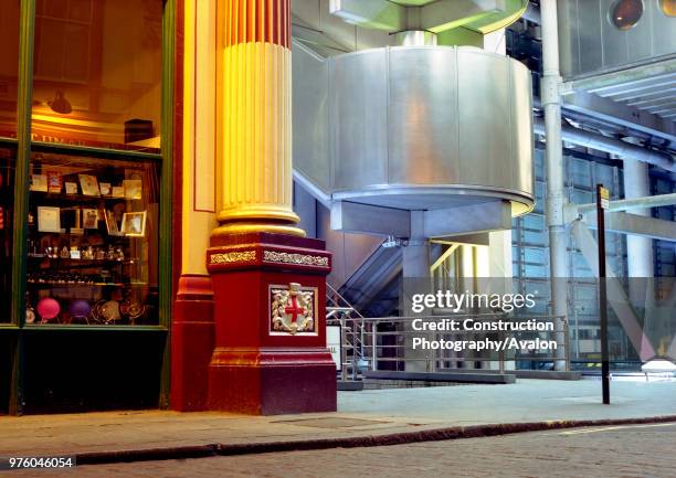 Leadenhall Market and Lloyds Building, London, United Kingdom.