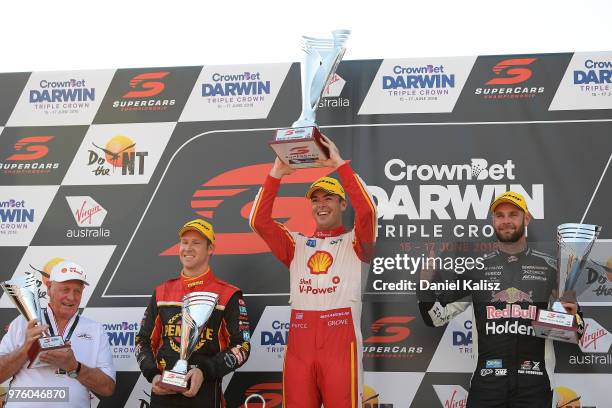 Dick Johnson team owner of DJR Team Penske, 3rd place David Reynolds driver of the Erebus Penrite Racing Holden Commodore ZB, 1st place Scott...