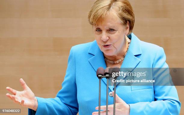 May 2018, Germany, Bonn: German Chancellor Angela Merkel of the Christian Democratic Union delivers a speech during the celebration of the 20th...